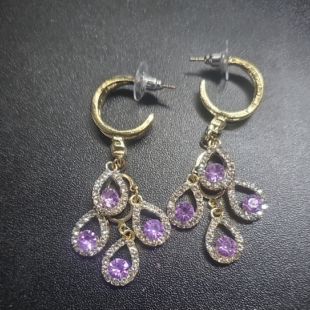 Gold-Tone Amethyst Teardrop Chandelier Earrings - Unbranded